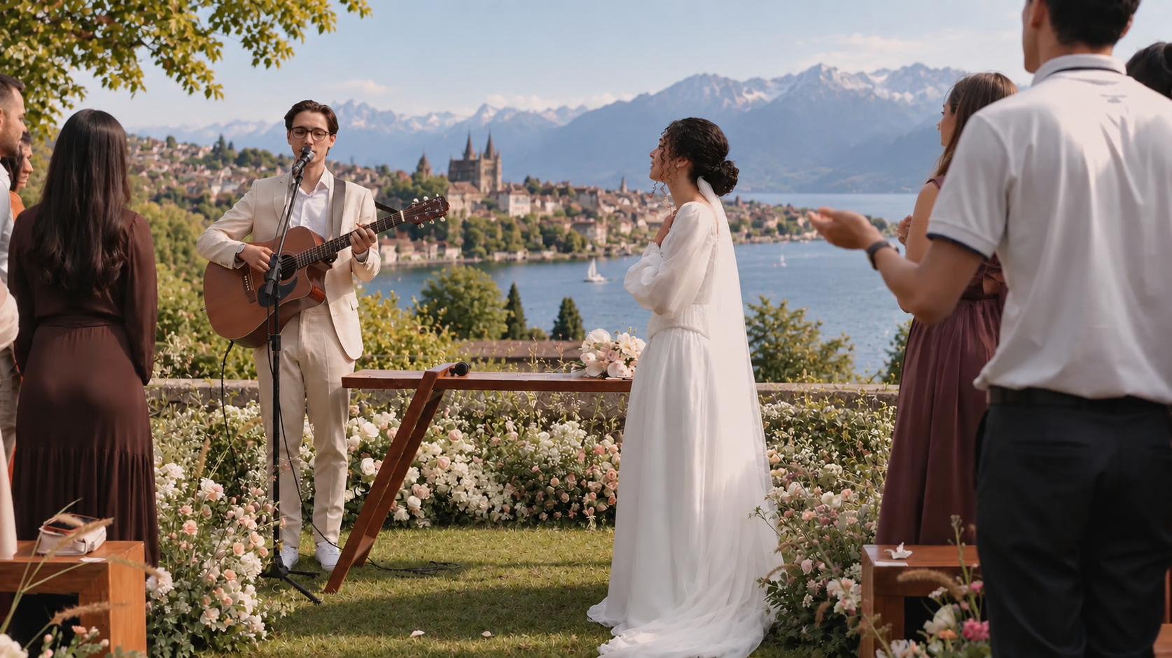 Un groupe de personnes assises lors d'un mariage en plein air avec vue sur le lac et Lausanne, des montagnes enneigées en arrière-plan, un homme avec une guitare chante devant la mariée en robe blanche.