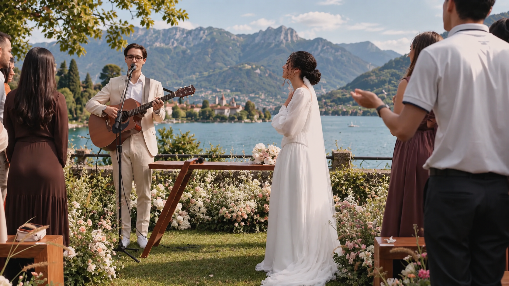 Un groupe de personnes assiste à une cérémonie de mariage en plein air près du Lac Léman à Lausanne avec des montagnes en arrière-plan. Le musicien joue de la guitare et chante, tandis que la mariée en robe blanche écoute attentivement.