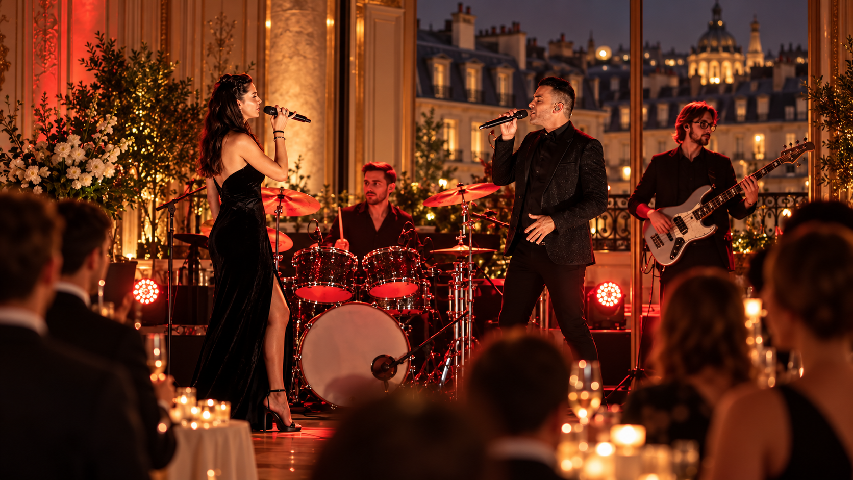 Un groupe de musiciens jouant sur scène dans une ambiance élégante lors d'un dîner d'entreprise à Paris, avec un public assis à des tables ornées de bougies.