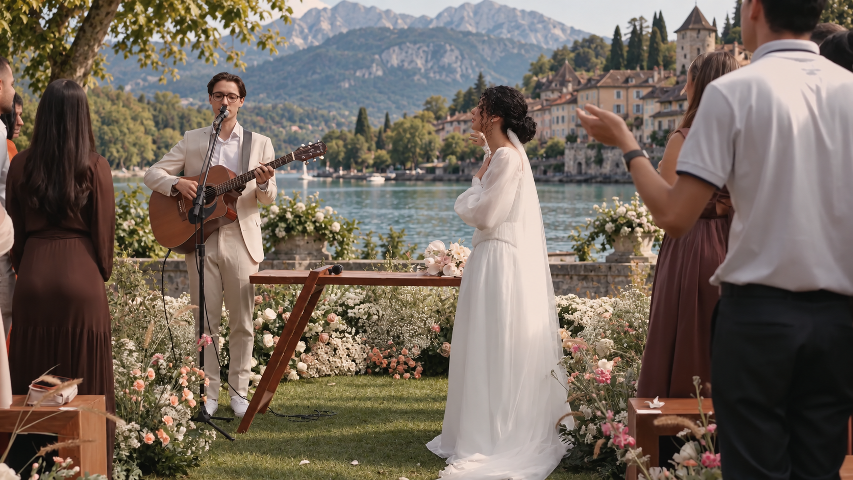 Un mariage en plein air avec des invités et un musicien jouant de la guitare, dans un cadre pittoresque avec le lac d'Annecy, des montagnes et un village historique en arrière-plan.
