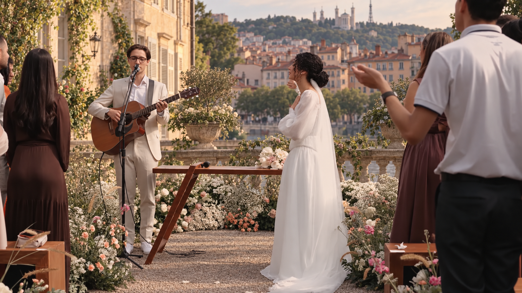 Un couple de mariage avec des invités, une femme en robe blanche et un homme avec un guitariste qui joue de la guitare, dans un lieu en plein air à Lyon avec des fleurs et une vue sur la ville.