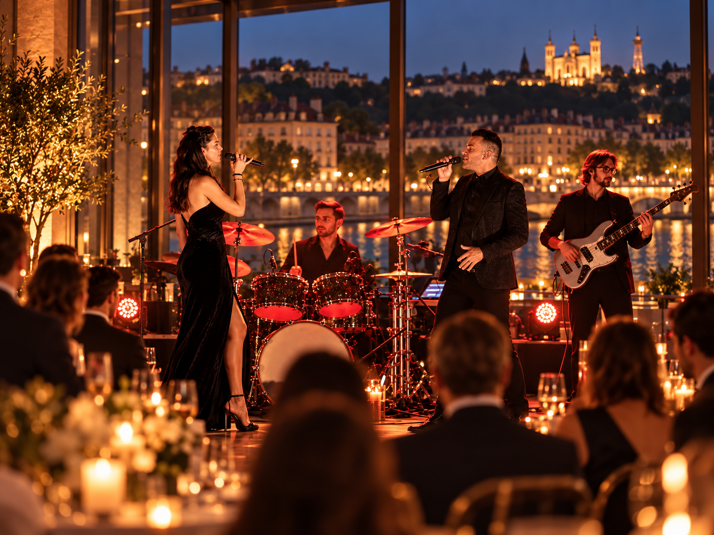 Un groupe de musiciens jouant lors d'une performance à l'intérieur avec une vue de nuit de la ville de Lyon et de la basilique sur une rivière en arrière-plan, ambiance chaleureuse et élégante.