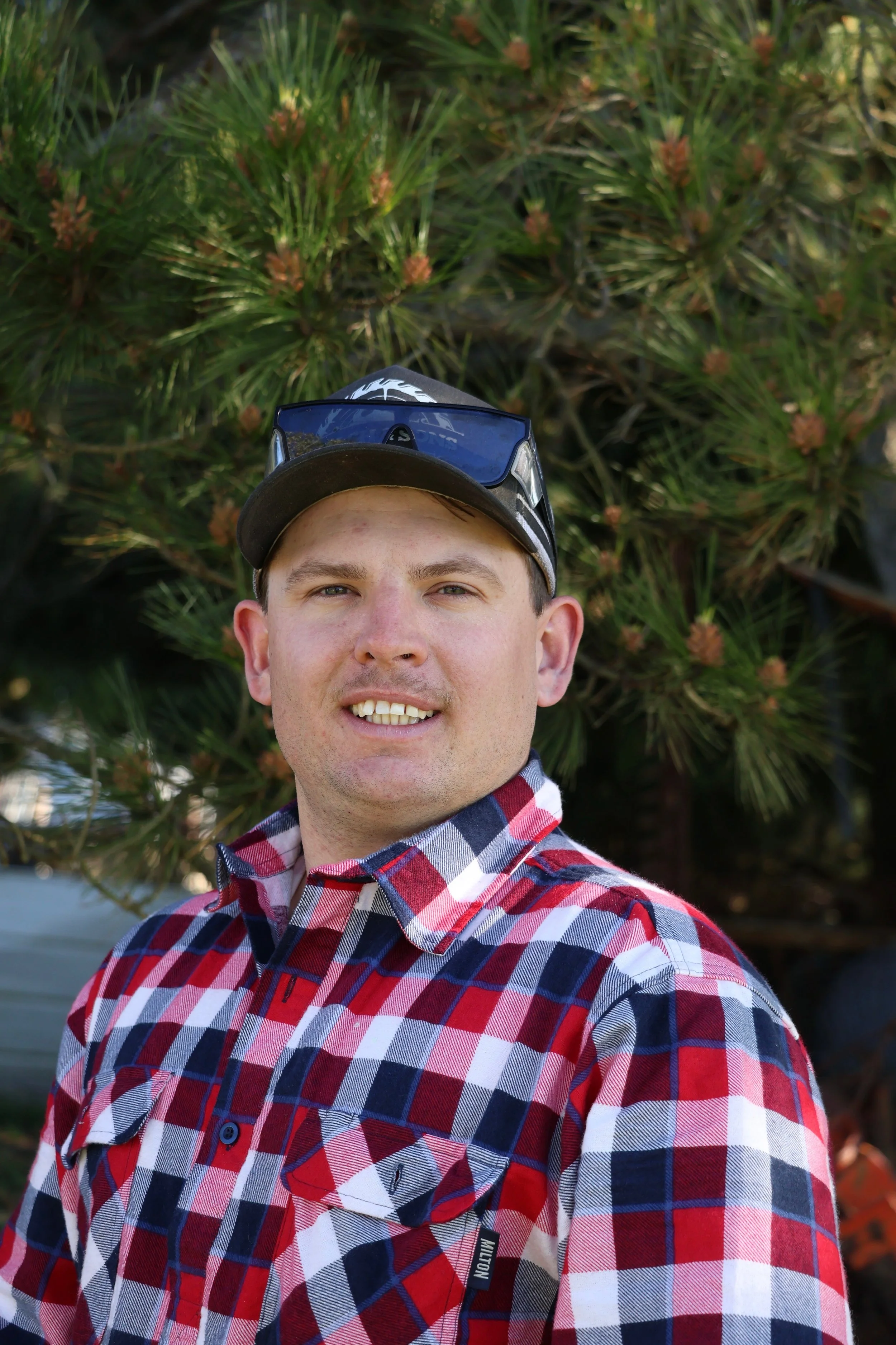 Close-up of a man wearing a red, navy, and white plaid shirt, black baseball cap, and sunglasses on top, standing outdoors in front of pine tree branches.