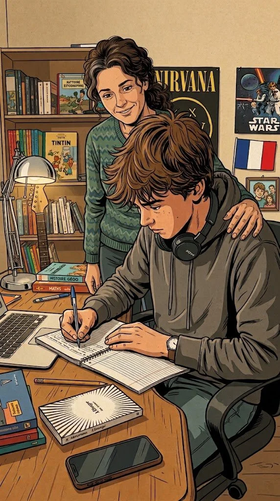 Un jeune garçon avec des écouteurs autour du cou, assis à un bureau, en train d'écrire dans un carnet, avec une femme debout derrière lui, dans une chambre avec des posters et des livres.