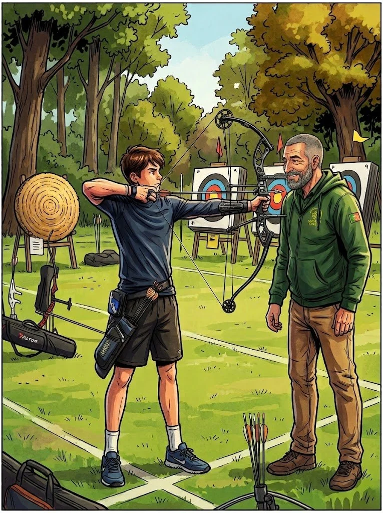 Un adolescent qui pratique le tir à l'arc en plein air, encadré par un homme plus âgé, avec des cibles de tir dans un environnement forestier.