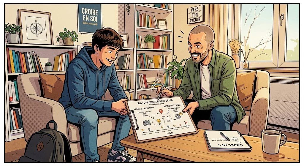 Un adolescent et un adulte discutent dans un salon avec des étagères remplies de livres, un tableau avec la phrase 'Croire en soi', une fenêtre laissant entrer la lumière naturelle.
