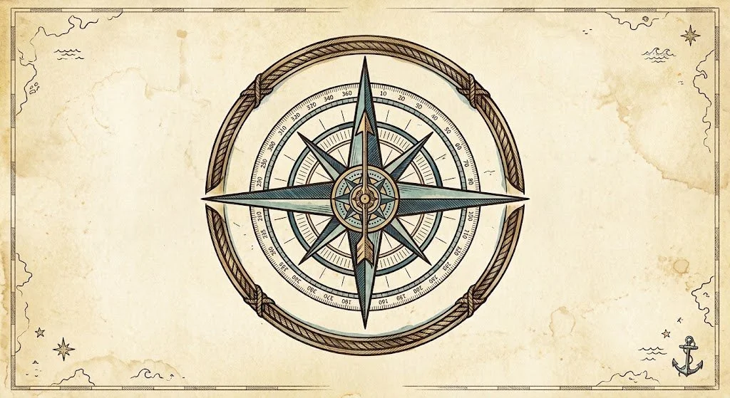 Une vieille carte maritime avec une boussole portant des directions cardinales, ornée d'une corde épaissie autour. Autres éléments maritimes comme une ancre et des étoiles de navigation décorent la carte.