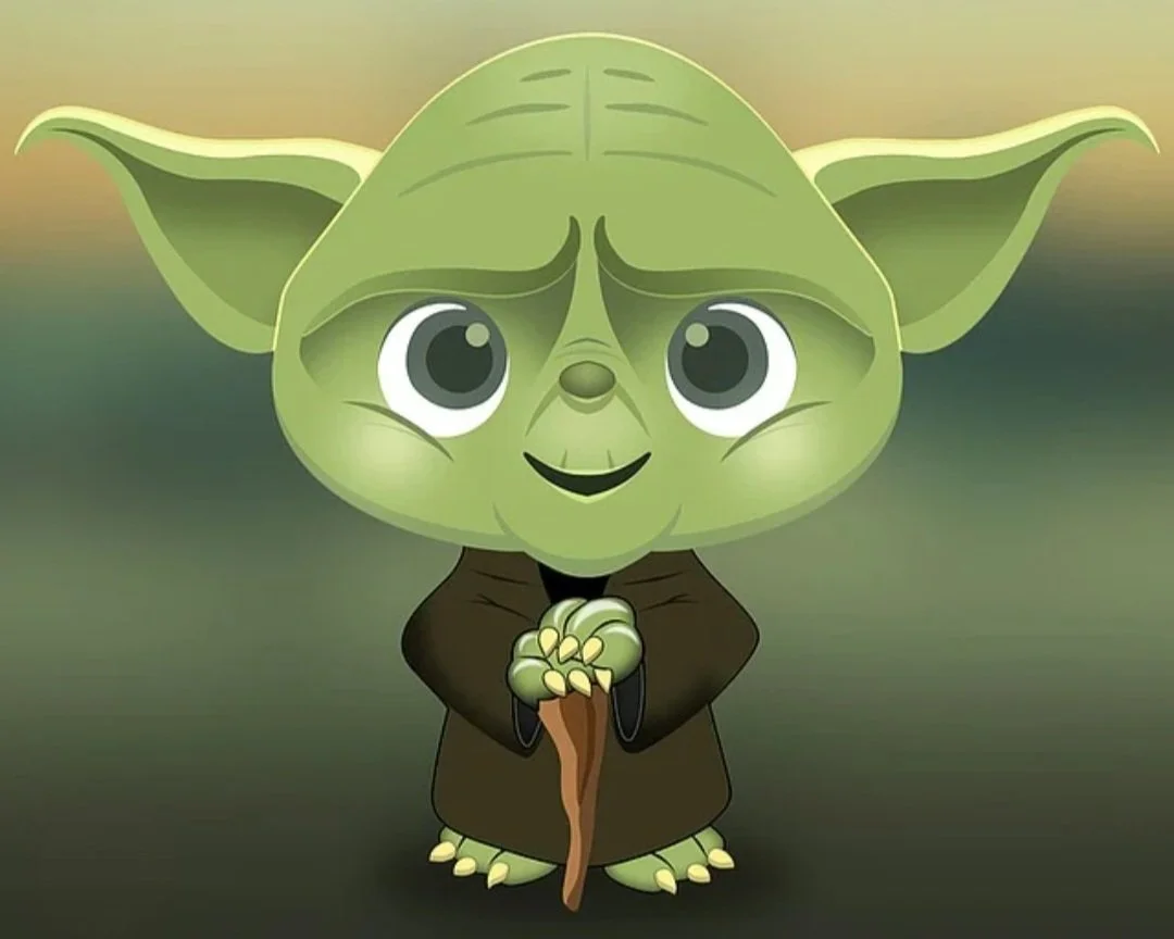 Une illustration de Baby Yoda, un personnage de la série Star Wars, avec une expression douce et un bâton en main.