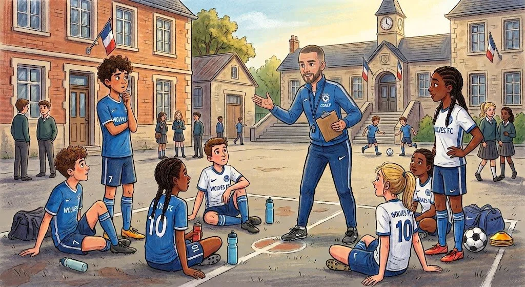 Une équipe de jeunes joueuses d'une école de football, les Wolves FC, écoutent leur entraîneur lors d'une pause en plein air, avec un bâtiment scolaire en arrière-plan.