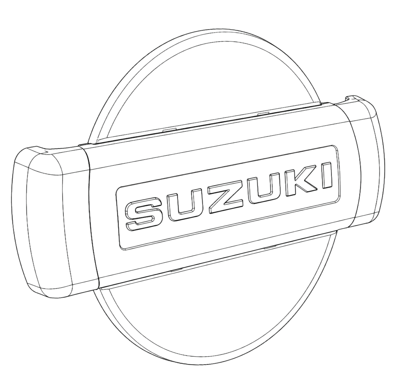 A digital wireframe rendering of a round object with a carrying handle on top and the word 'SUZUKI' embossed in the center.