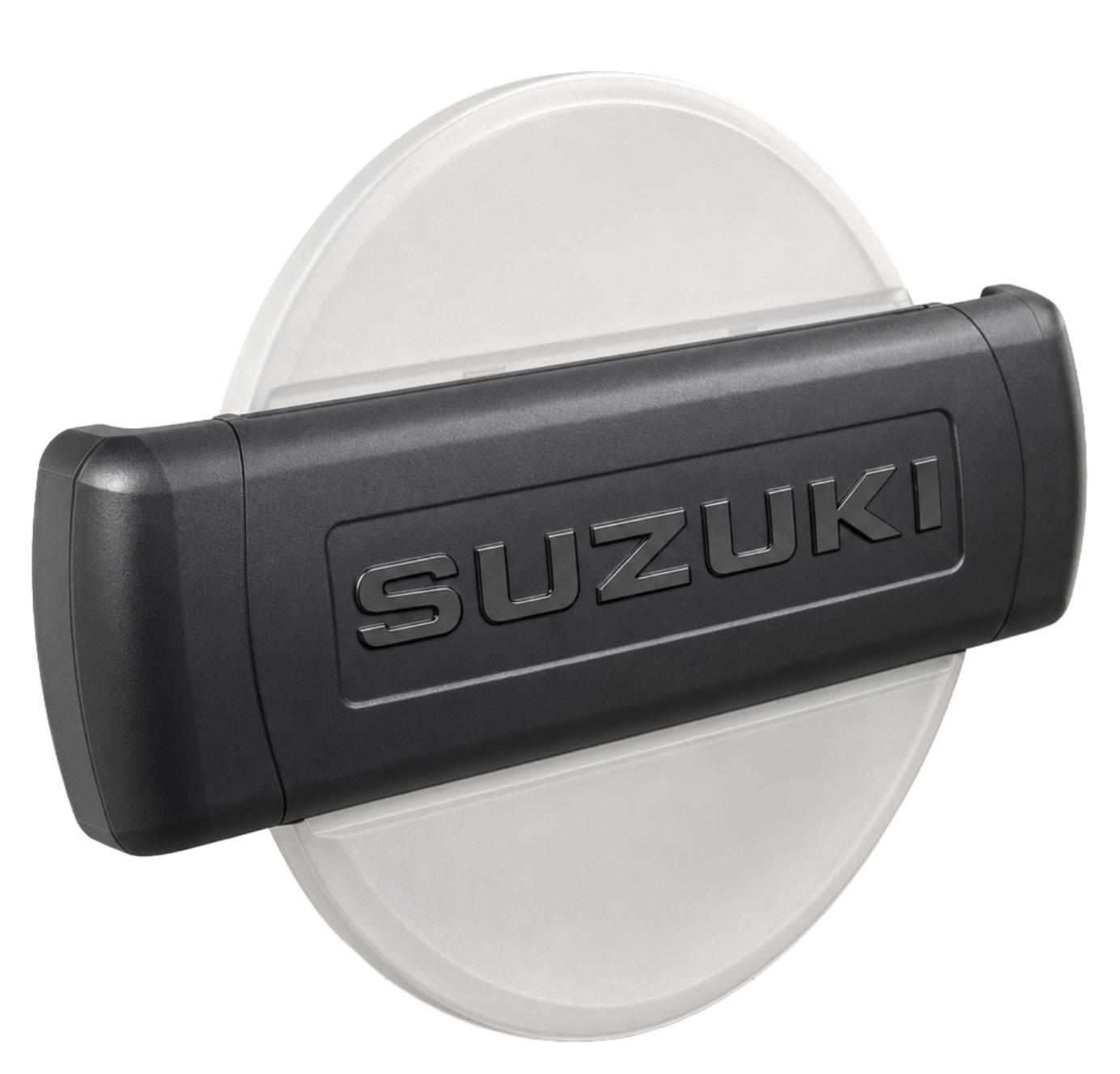 A round white object with a black grip that has the word 'SUZUKI' embossed on it.