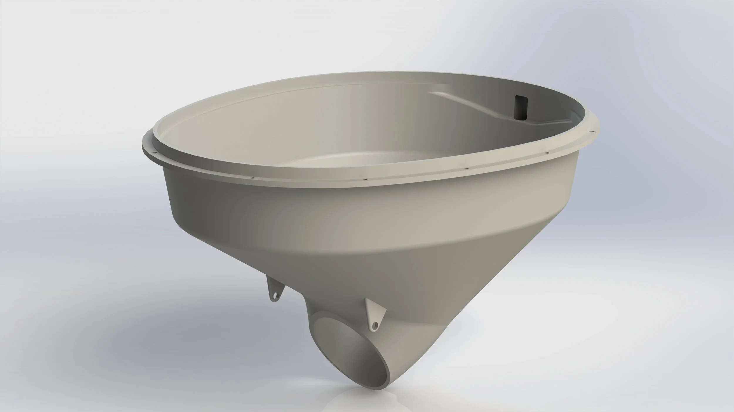A white funnel with a black vent opening inside, mounted on a stand.