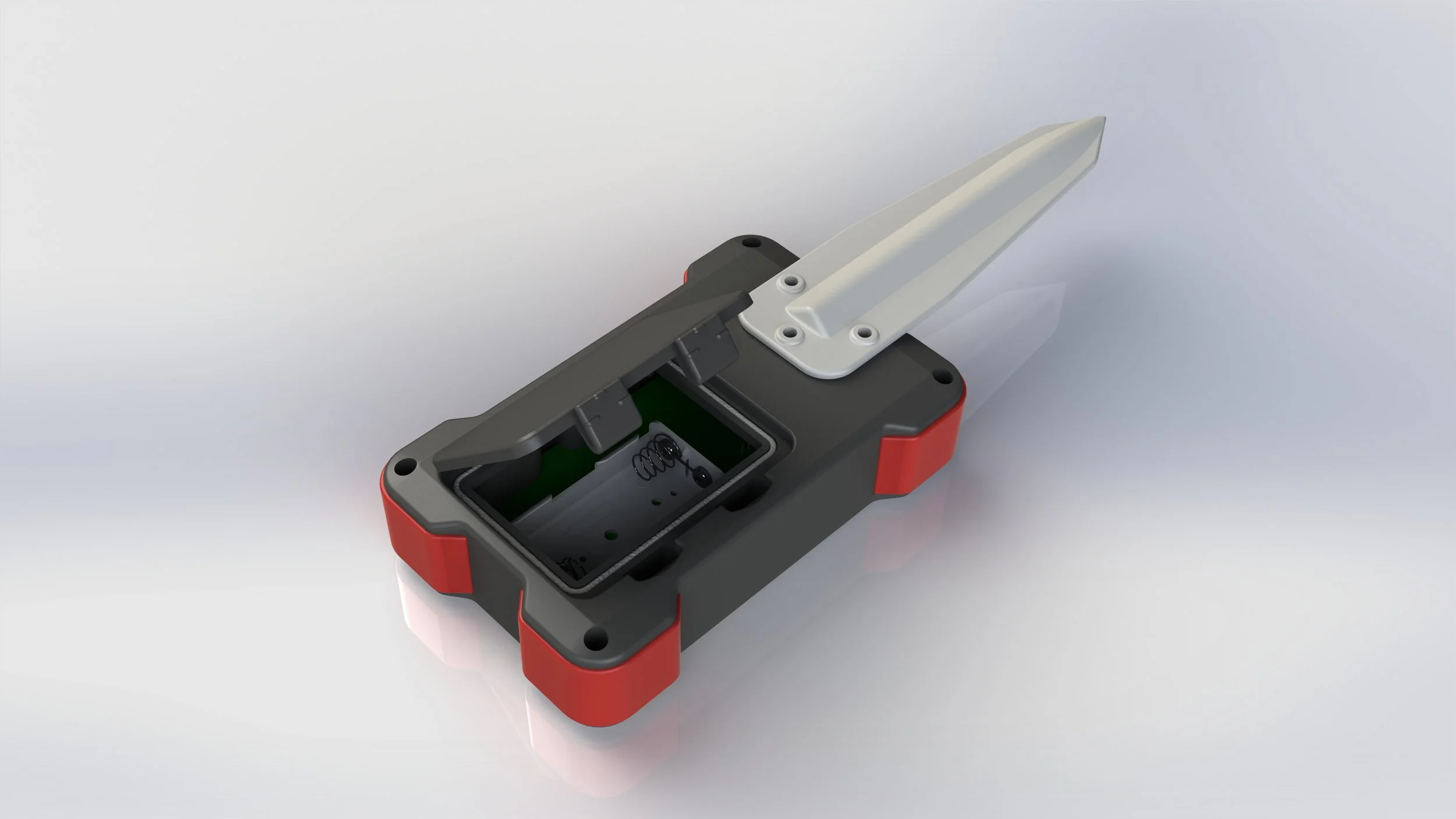 A handheld electronic device with a red and black plastic casing, an open lid revealing an empty battery compartment with four screw holes, and a spring inside.