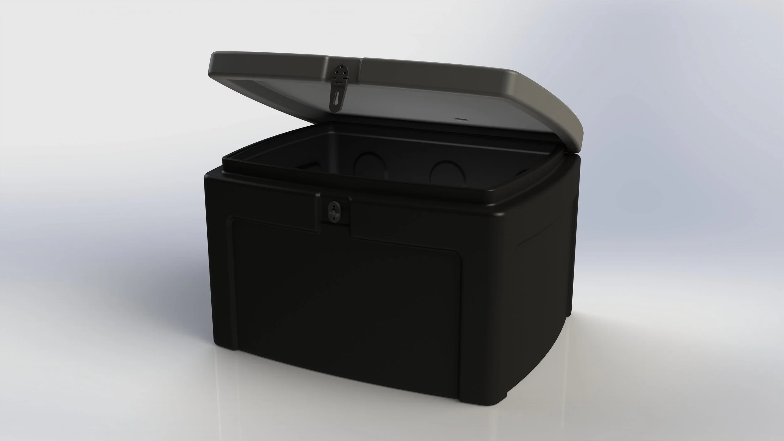 A black office or industrial thermal or infrared imaging device with its lid open, positioned on a white surface with a light gray background.