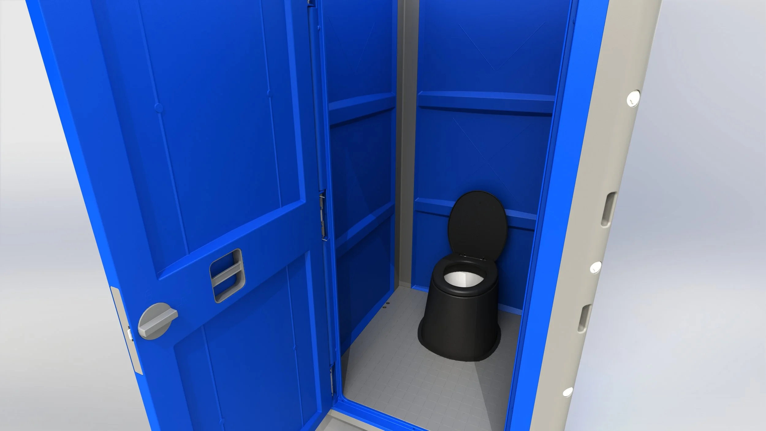 A portable toilet with blue doors and interior, and a black toilet seat inside.