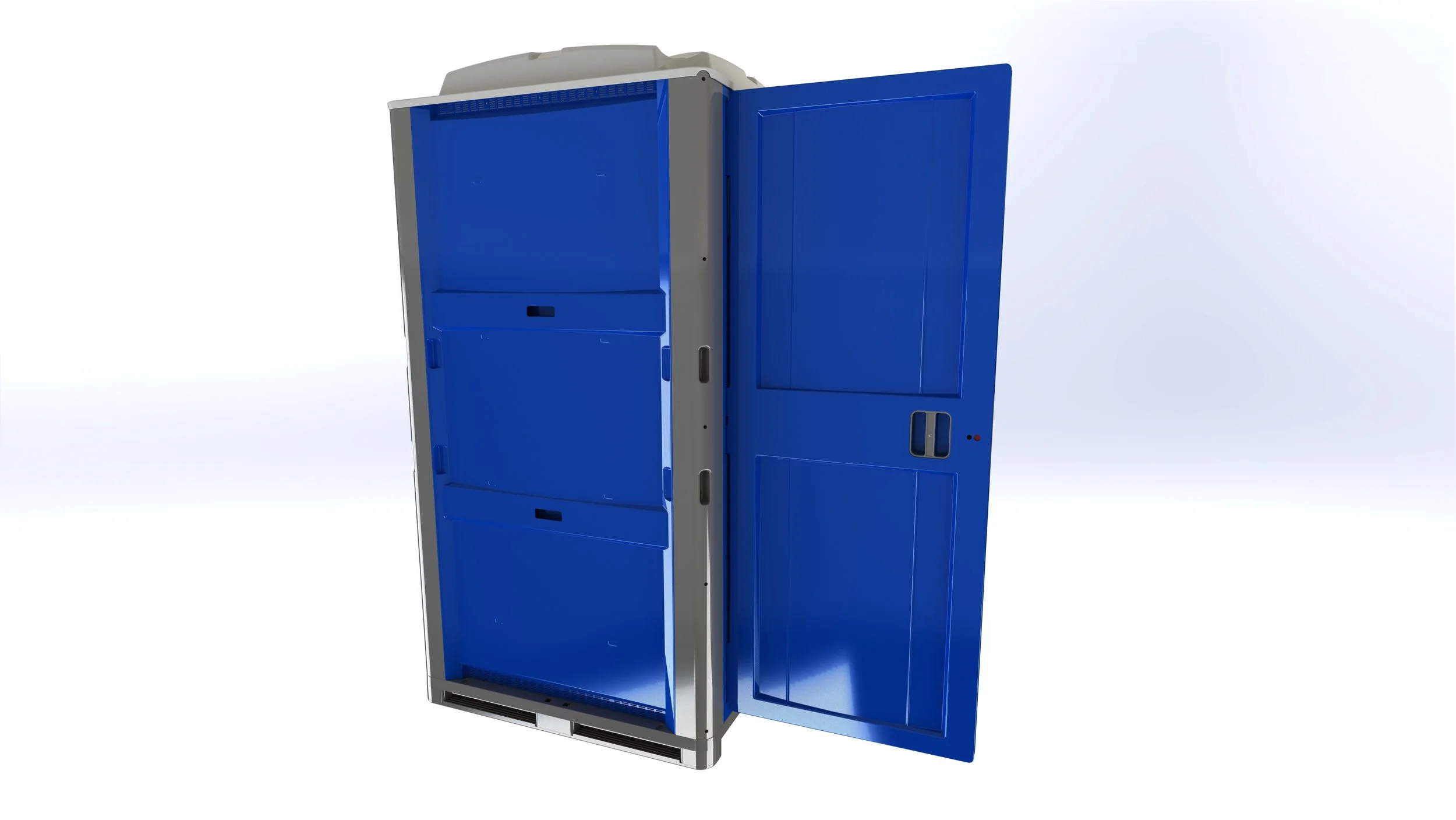 A blue outdoor locker with open doors, showing a gray interior.