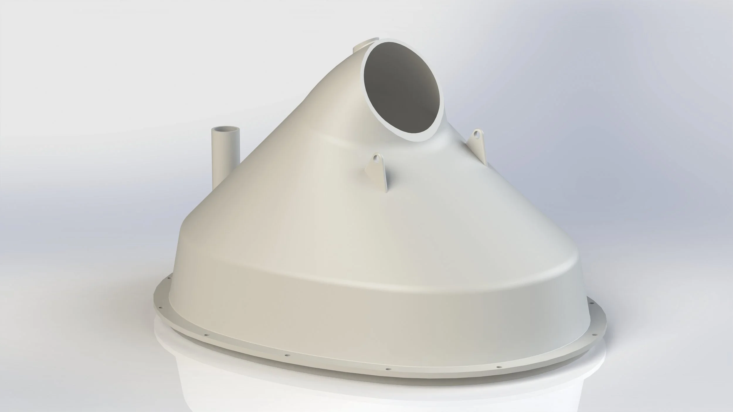 A white, conical spacecraft or satellite component with a large circular opening at the top, two small protruding mounts on the side, and a cylindrical pipe attachment.