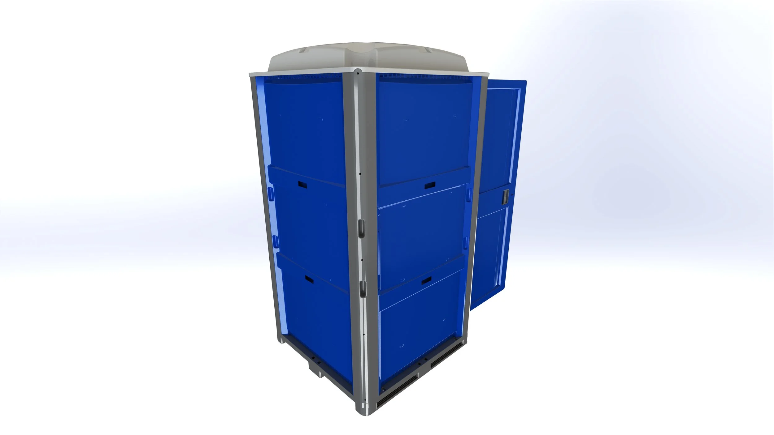 A blue and gray portable toilet with a rounded white roof.