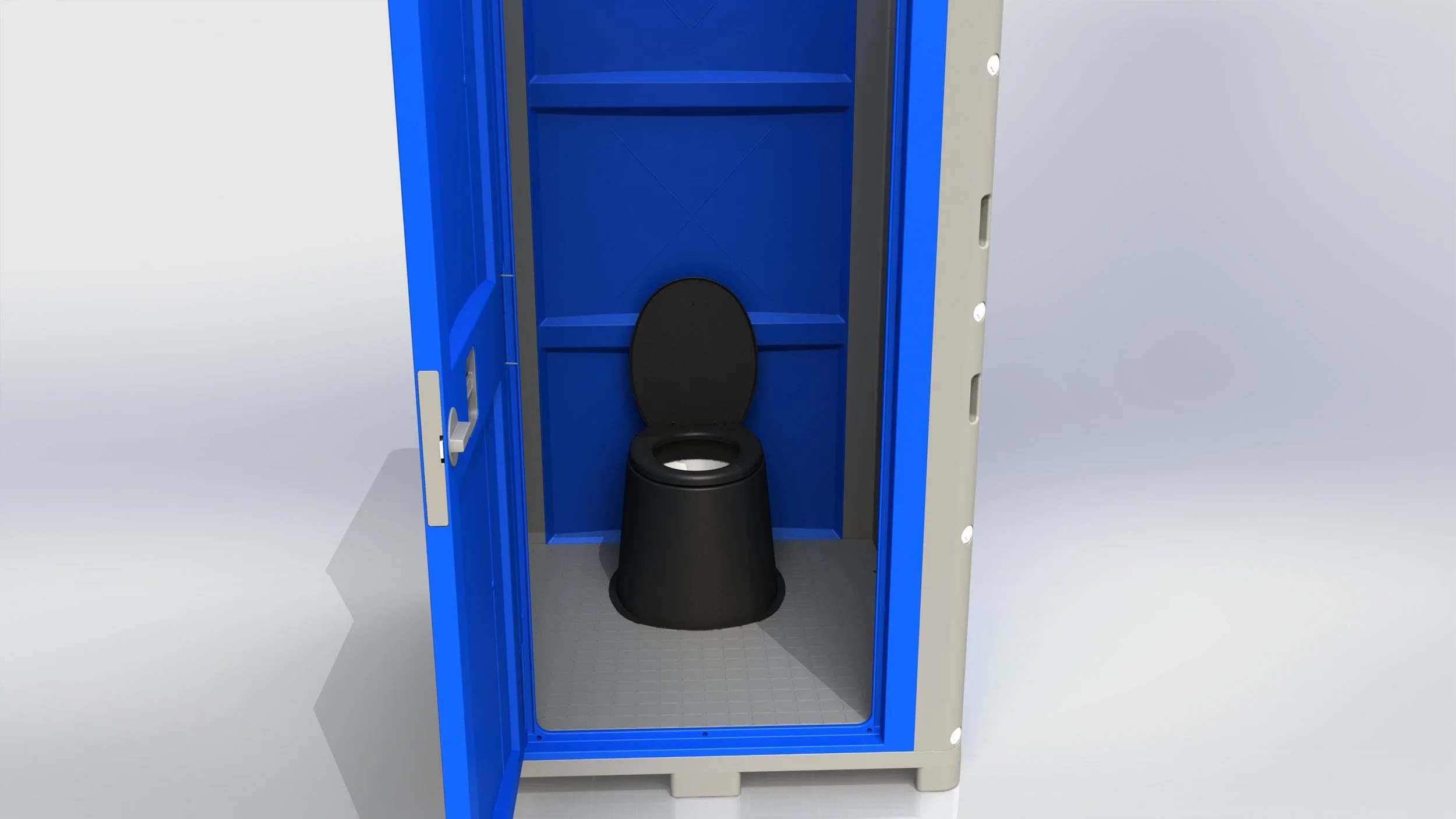 A portable toilet with a blue door and gray frame. The door is open, showing a black toilet inside on a gray floor.
