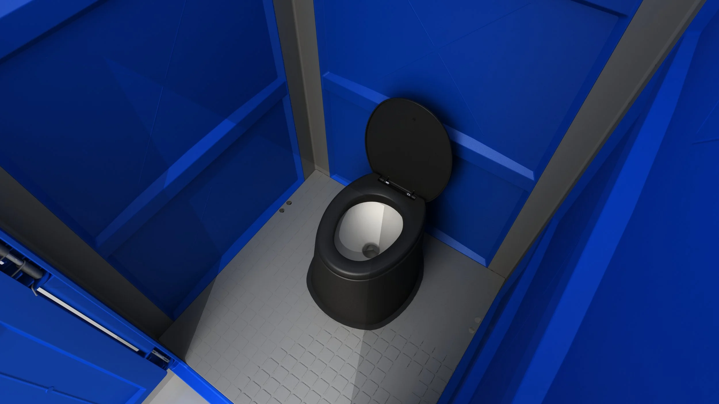 A black toilet with the lid open in a bathroom with blue cabinets and white tiled floor.