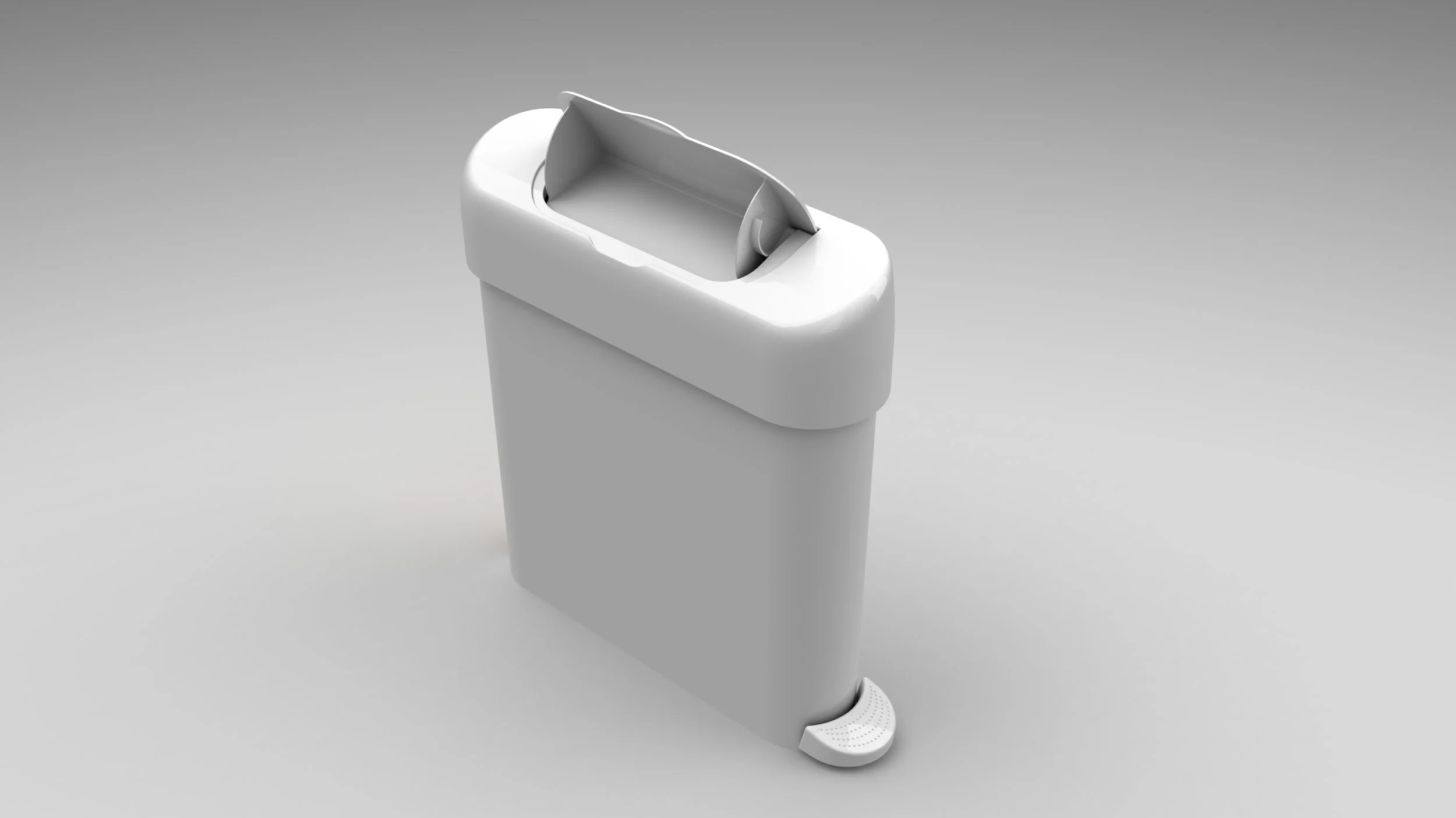 A white modern automatic trash bin with a semi-open lid on a gray background.
