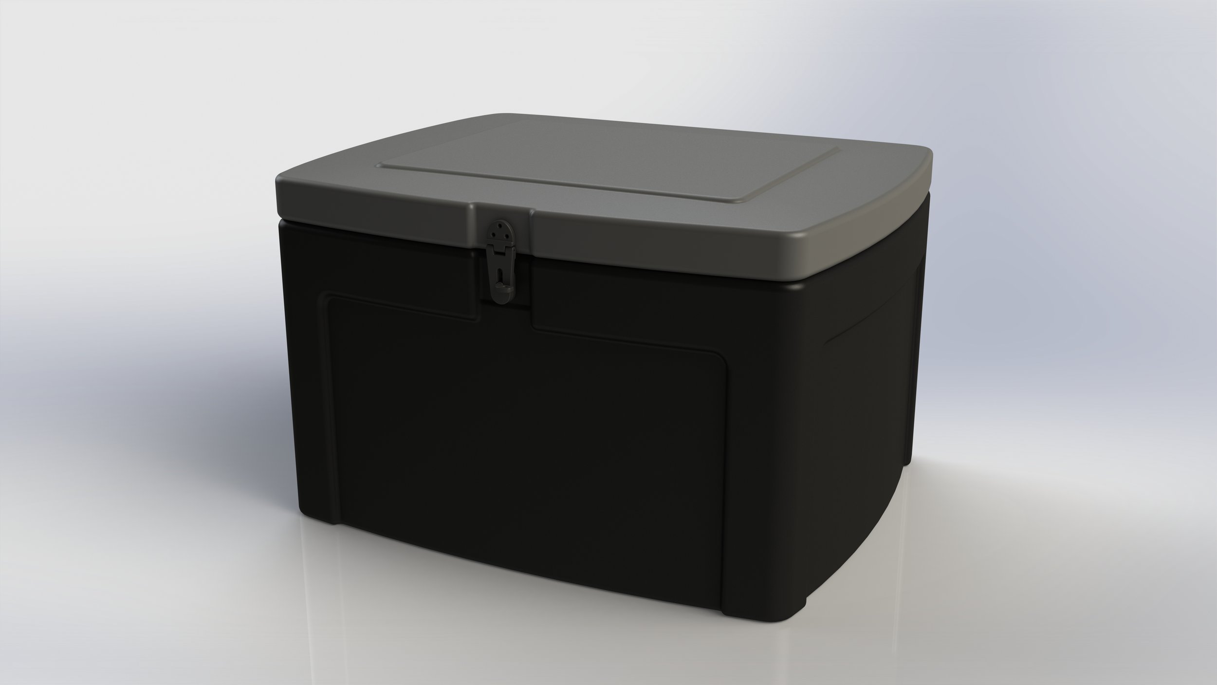 A black and gray portable cooler with a latch on the front against a plain light background.