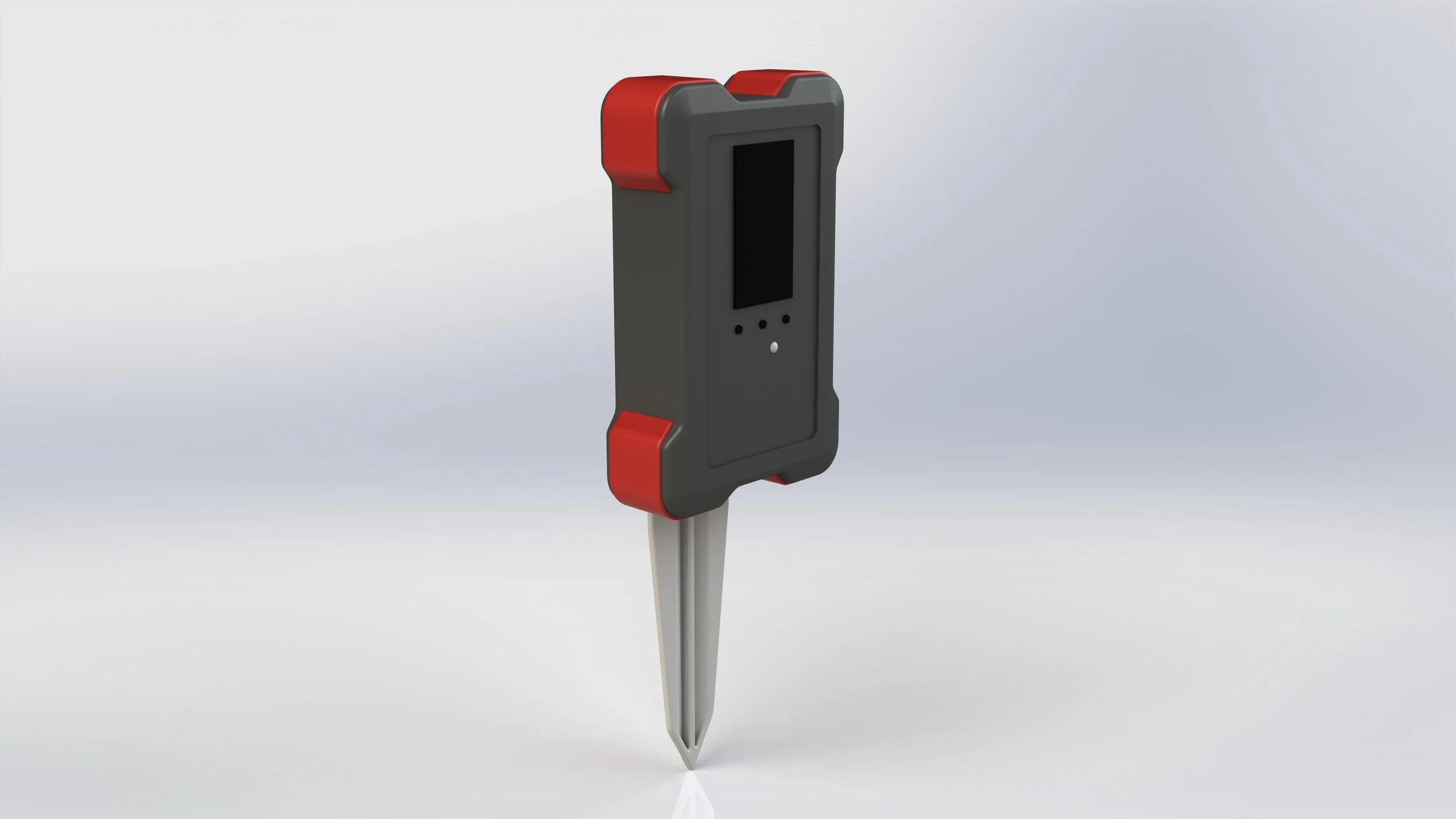 A high-tech electronic device with a black rectangular screen, gray body, red accents on the sides and top, mounted on a white pole.