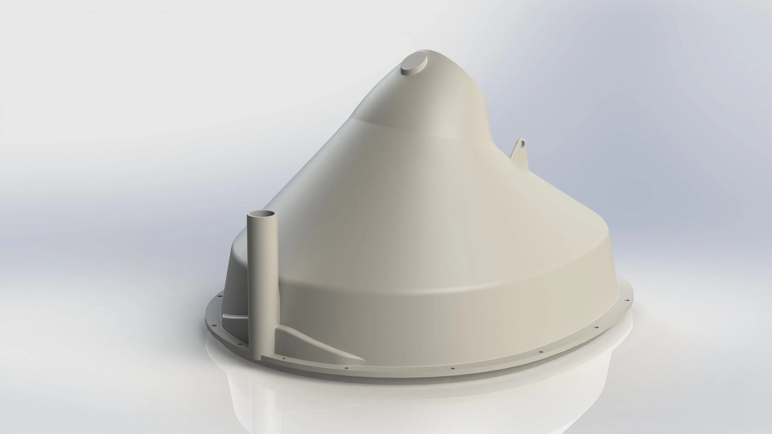 A white, conical industrial device with vertical pipe attachments on a smooth, light gray surface.