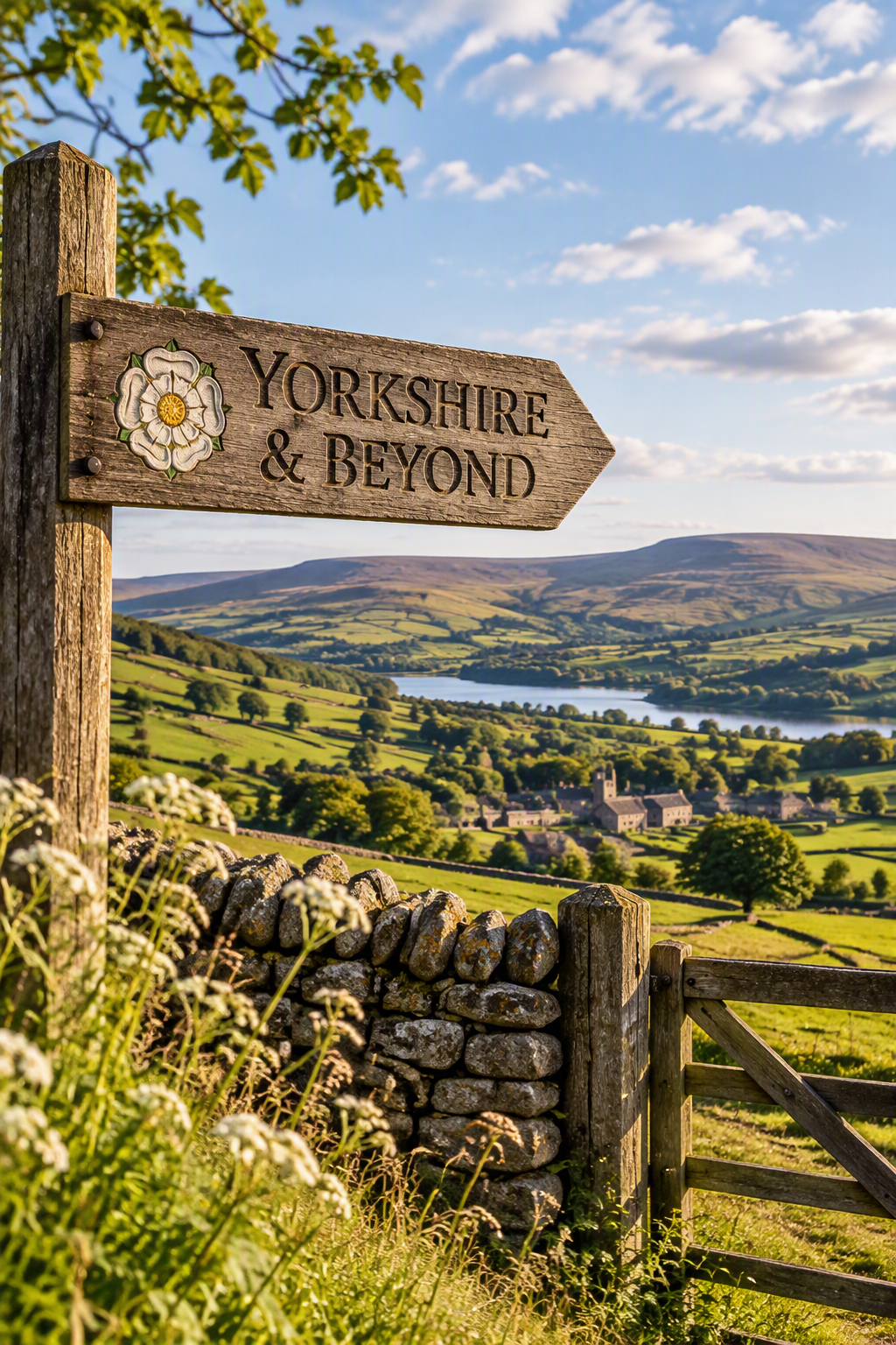 Yorkshire landscape with a sign saying 'Yorkshire & Beyond'ds', West Yorkshire