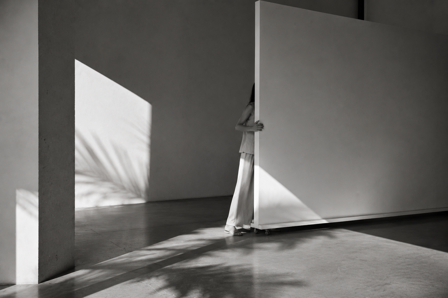 Black-and-white editorial image of a partially hidden woman standing behind a large minimalist wall panel, with dramatic geometric sunlight and palm shadows across the architectural interior.
