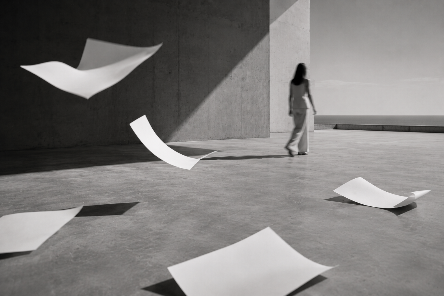 Black-and-white editorial image of a woman walking through a minimalist concrete space as loose sheets of white paper blow across the floor and through the air.