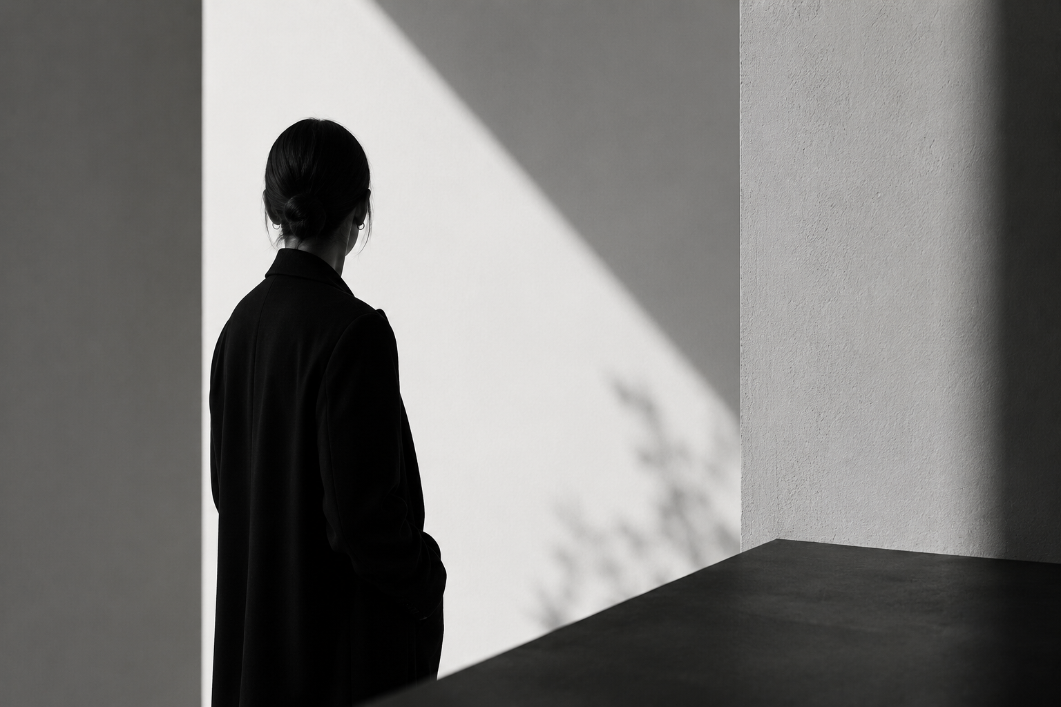 Black-and-white editorial image of a woman seen from behind in a dark blazer, standing within a minimalist architectural space as dramatic sunlight and soft foliage shadows fall across a white wall.