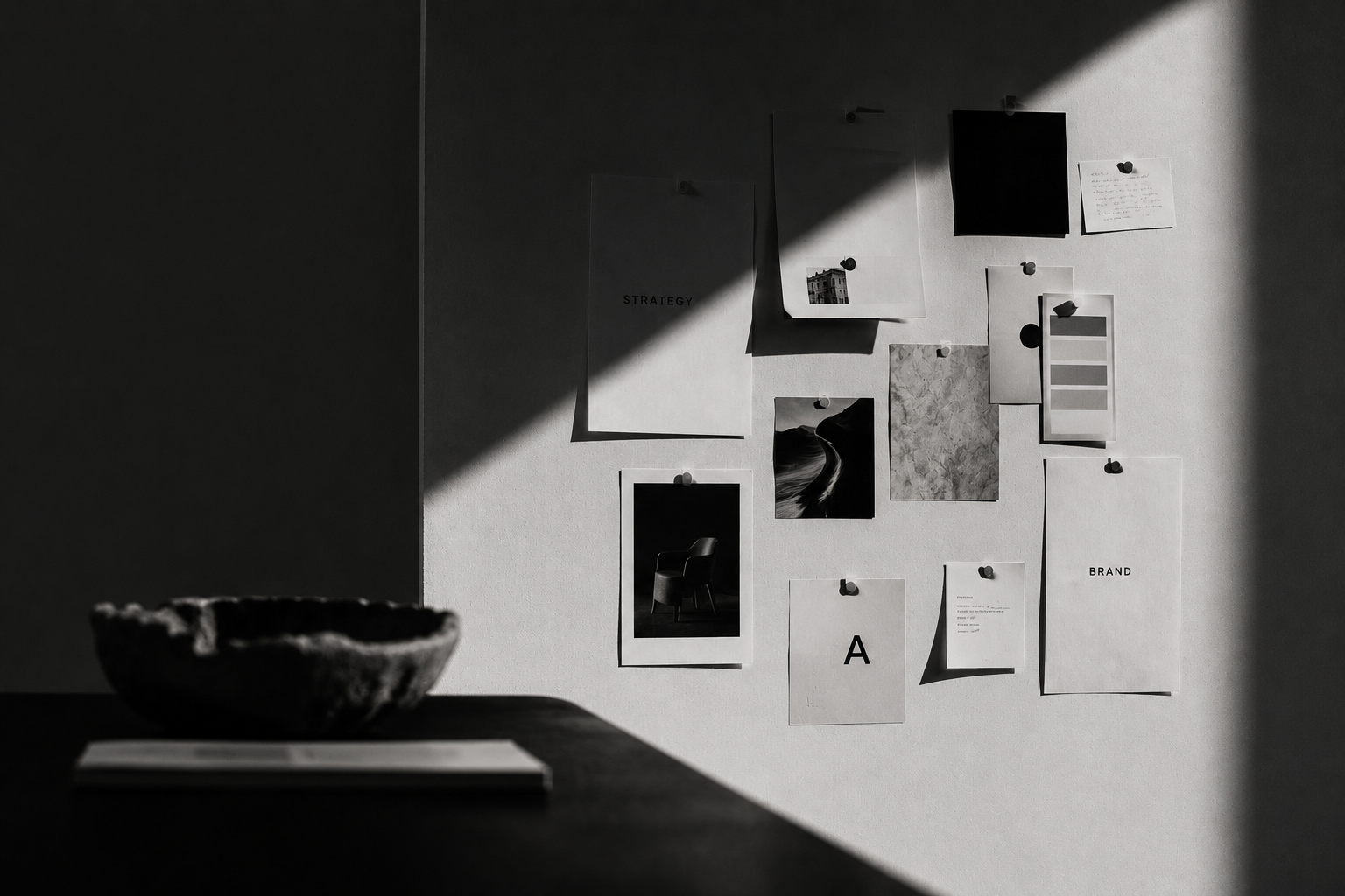 Black-and-white editorial image of a creative mood board and brand materials, accompanying The Little Helper’s brand strategy content.