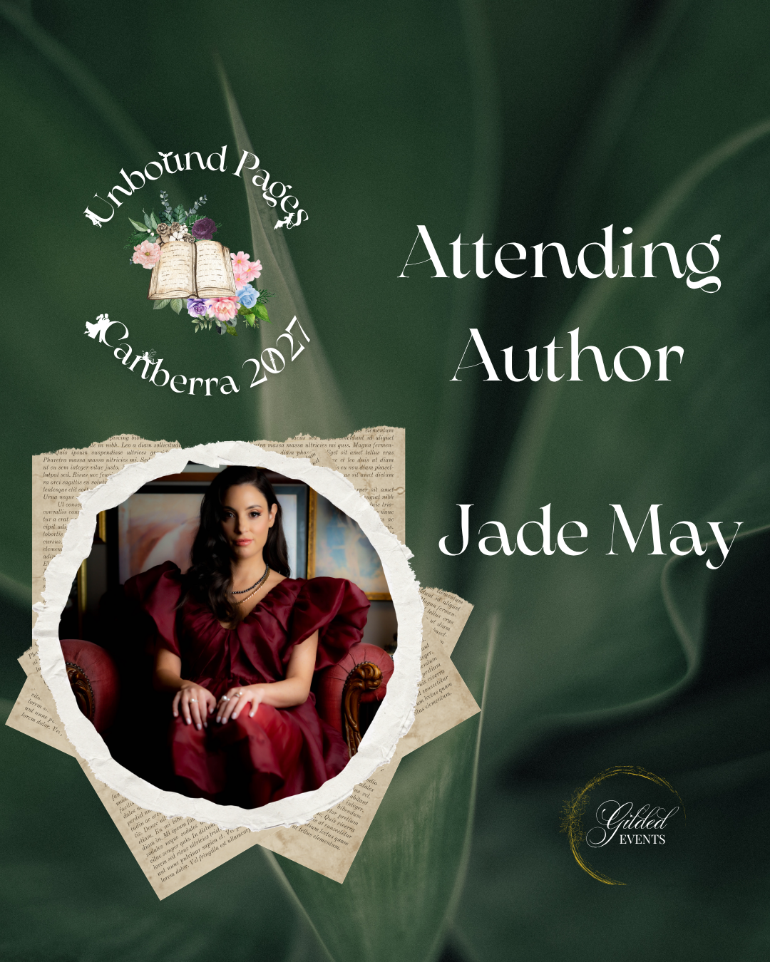 Event poster for Attending Author Jade May at Unbound Pages Canberra 2024, featuring a photo of Jade May in a red dress on a dark green background with decorative text and a logo.