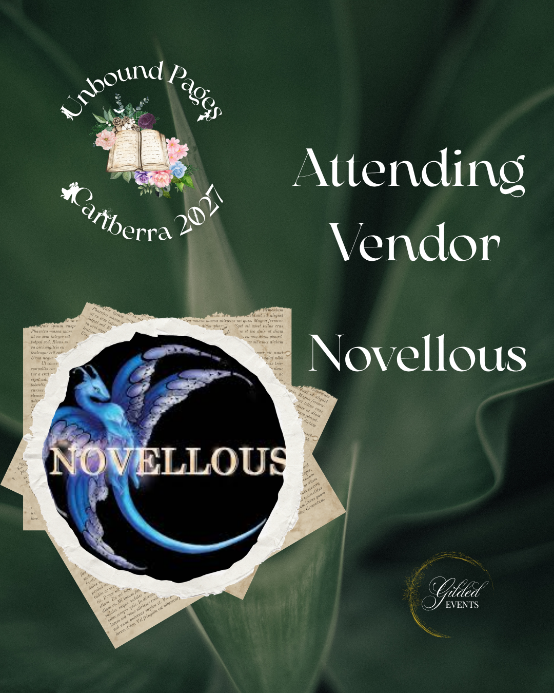 Event poster for the Unbound Pages Canberra 2021 literary event, featuring a circular logo with a blue dragon and the text 'Novellous', and decorative elements including leaves, paper, and flowers.