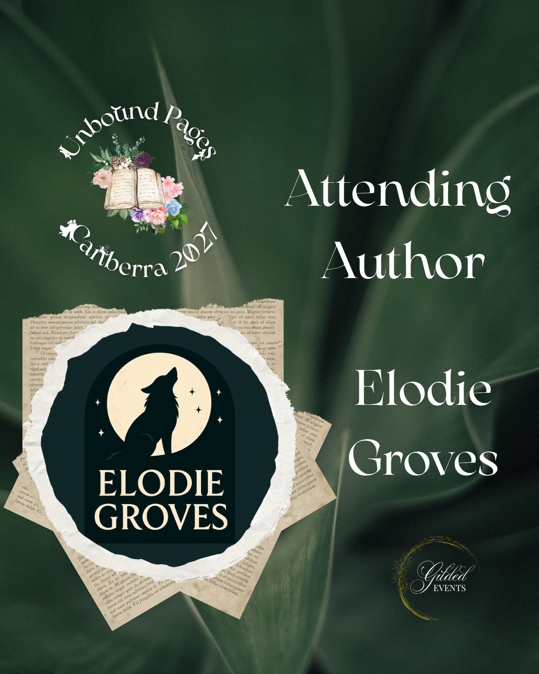 Book cover for Elodie Groves' novel at a literary event, featuring a wolf howling at a full moon, with surrounding torn paper and greenery background.