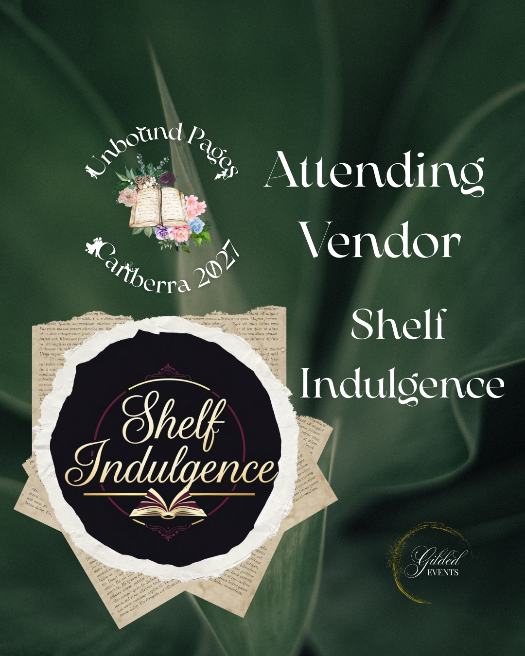 Event promotional poster for 'Shelf Indulgence' at Unbound Pages, Canberra 2023, including a logo with an open book and decorative text, and background with green leaves.
