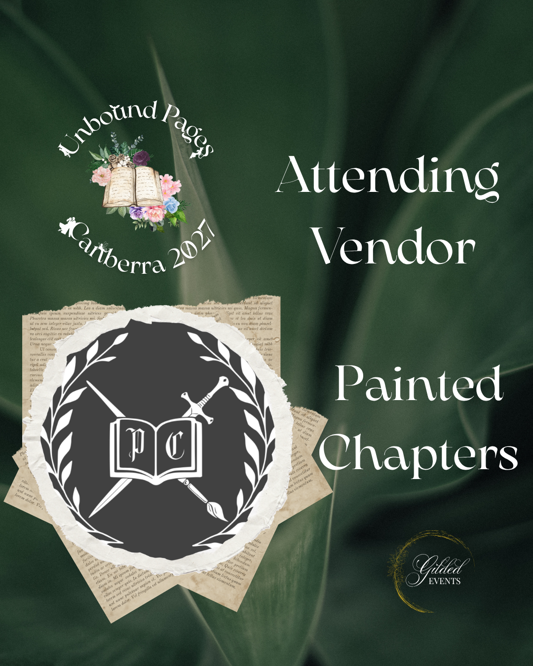 A promotional poster for the Unbound Pages event in Canberra 2021 features a green leafy background with the event's logo, which includes an open book surrounded by flowers, and a black and white emblem with swords, a book, and initials 'PC'. The pos