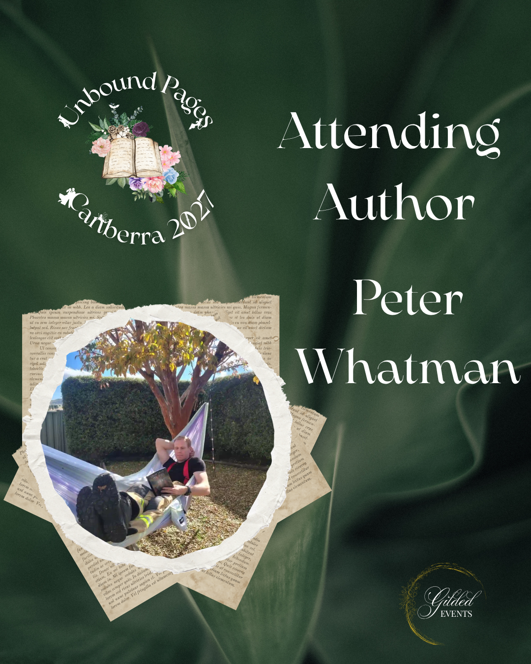 A graphic design poster for an event called 'Unbound Pages Canberra 2021.' It features a dark green background with a torn paper frame around a photograph of a man lying on a hammock in a yard with trees and bushes, reading a book. The poster include