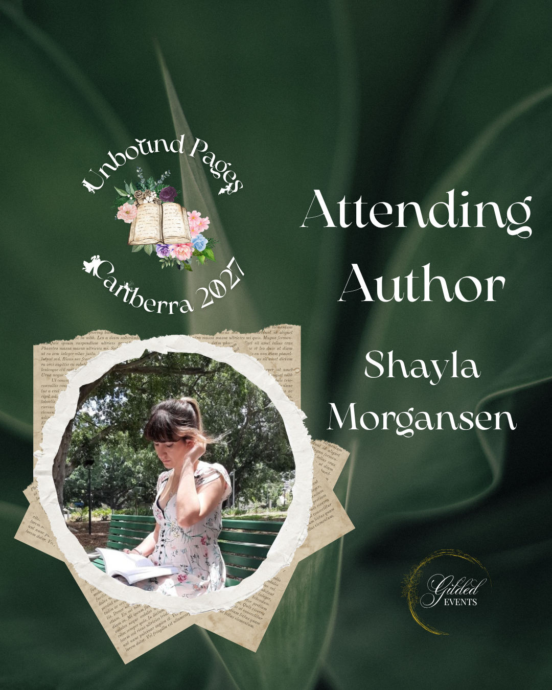 Event announcement for an author attending Unbound Pages in Canberra 2021, featuring a young woman reading outdoors, with a green leafy background, floral graphics, and torn paper design elements.