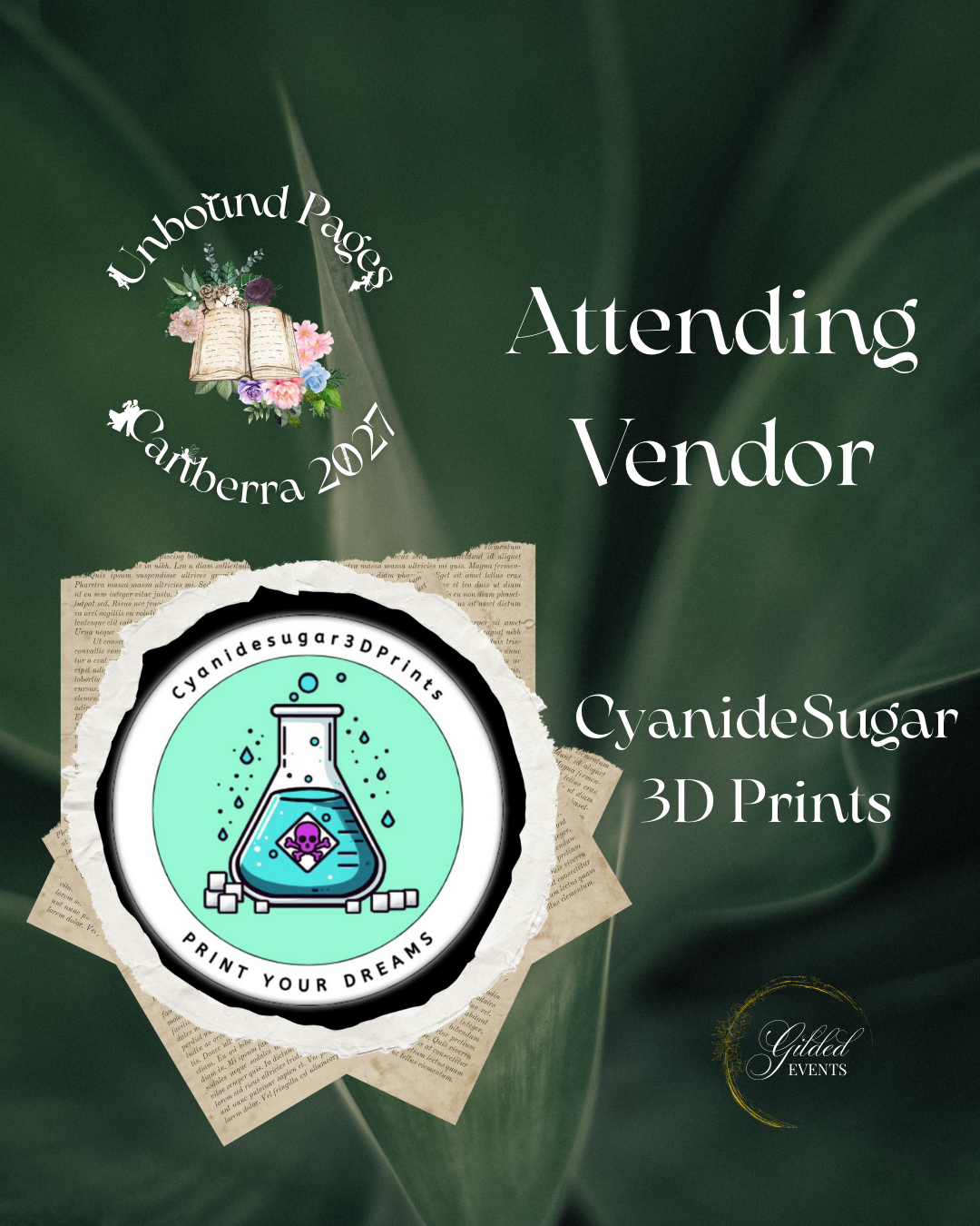 A promotional graphic for Unbound Pages Canberra 2023 features a green leafy background with a logo of an open book and flowers, text indicating the event name, location, and year, a circular sticker with a science beaker, and text for CyanideSugar 3