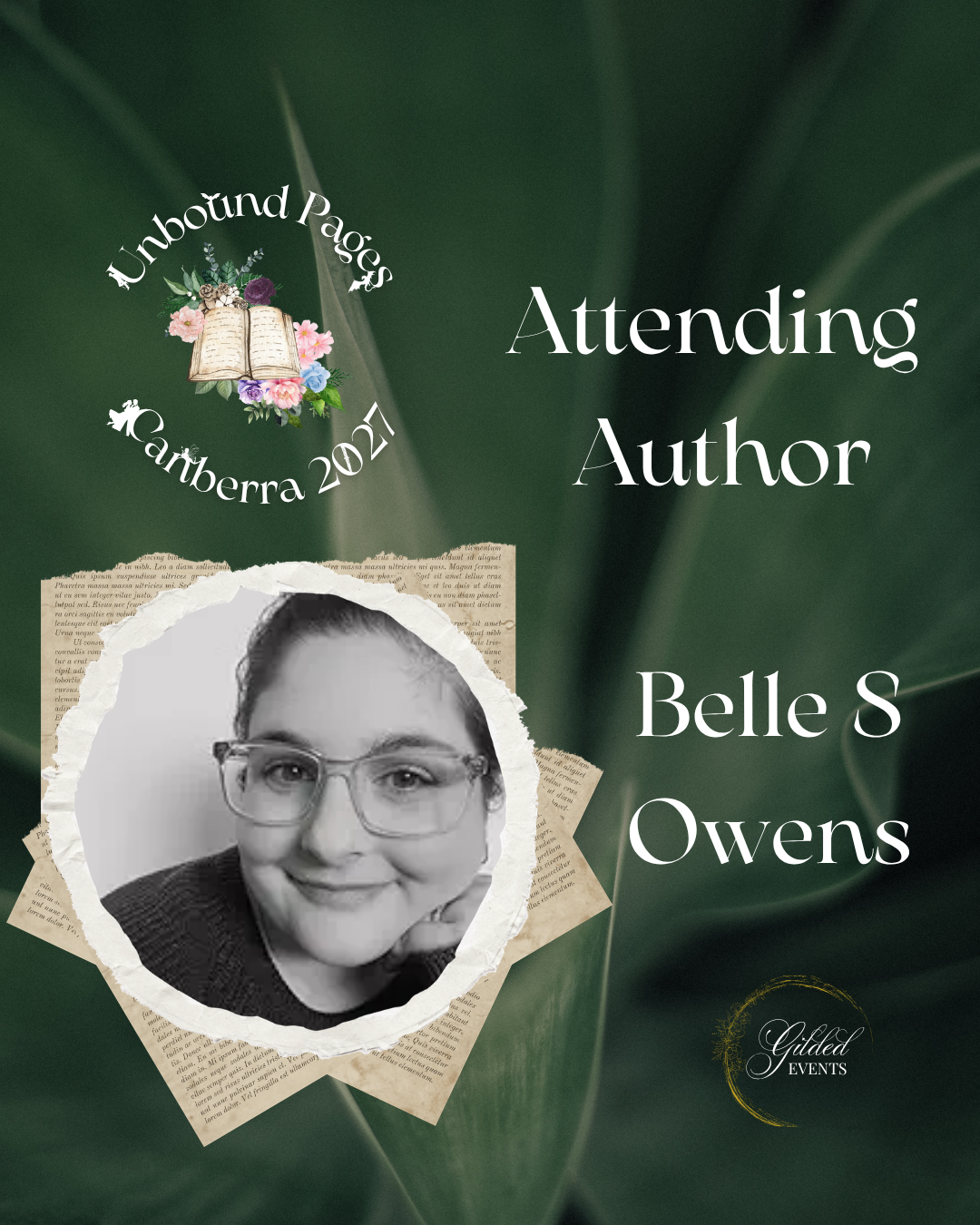 Digital tribute poster featuring a black-and-white photo of Belle S. Owens, surrounded by torn paper edges, with a background of green leaves. The poster includes text that reads "Attending Author Belle S. Owens," and the event details "Unbound Pages