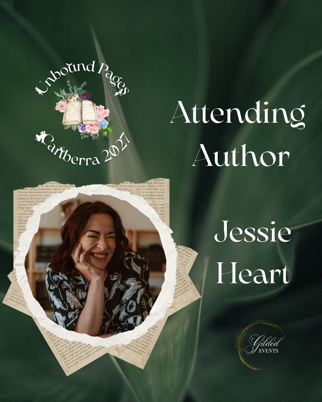 Event poster featuring a smiling woman with dark brown hair in a patterned black and white top, surrounded by torn paper edges, text indicating Jessie Heart attending Unbound Pages Canberra 2023, and a green leafy background with a logo for Guided Ev
