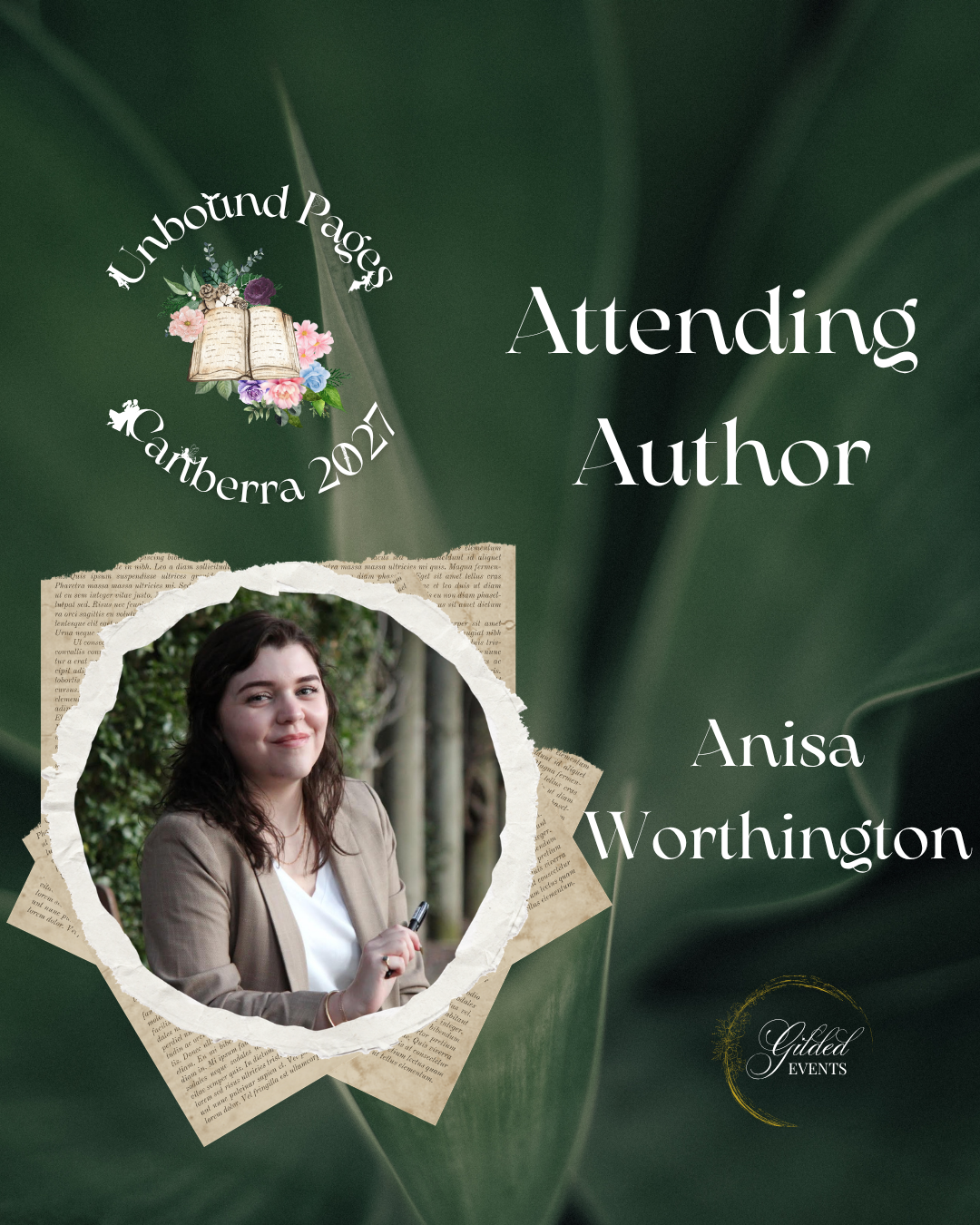 Event poster for attending author Anisa Worthington at Unbound Pages Canberra 2023, featuring a photo of Anisa Worthington, a green leafy background, and decorative text and graphics.
