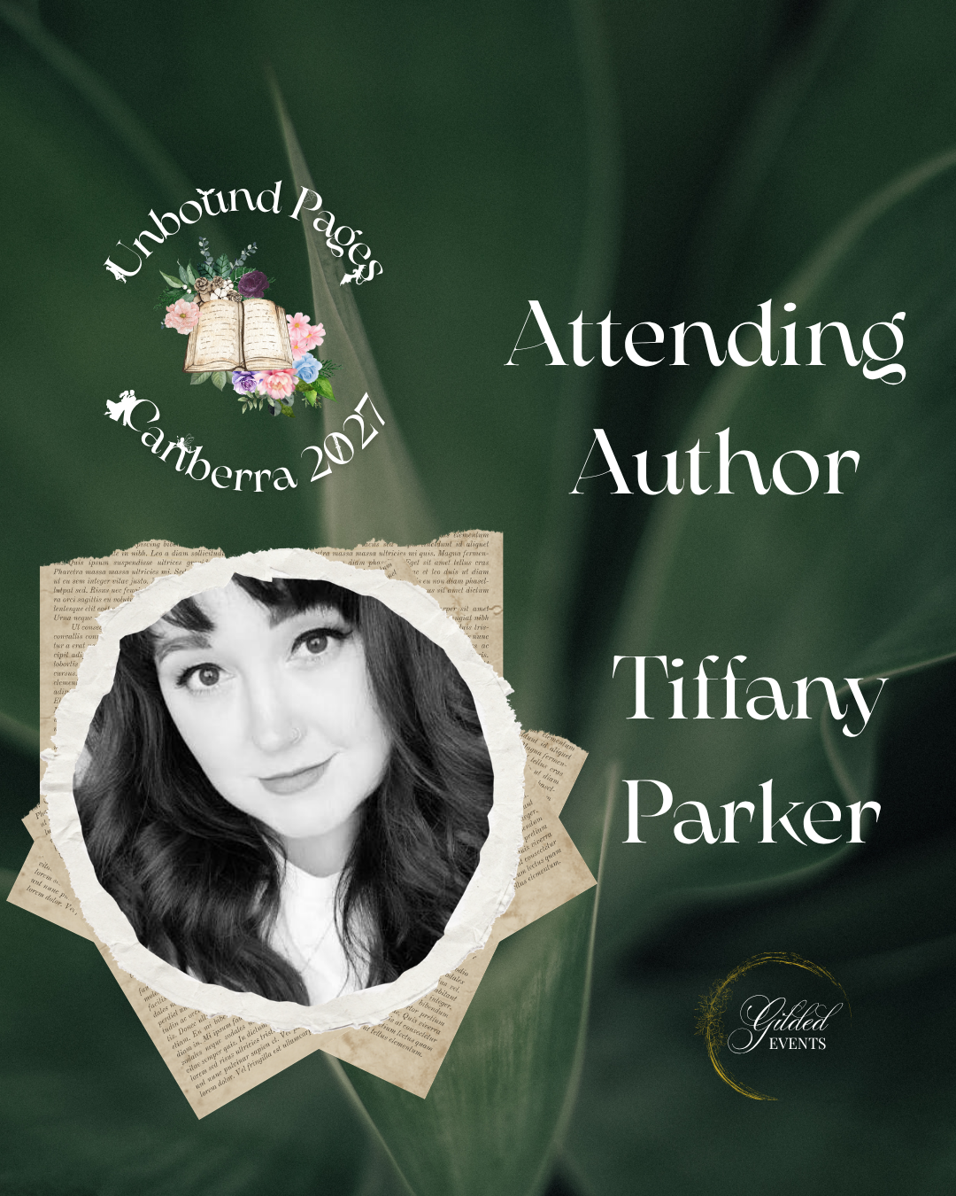 Event invitation featuring a black-and-white woman's portrait on torn paper, surrounded by book pages, a floral design with an open book, and text indicating an author appearance at Unbound Pages Canberra 2023.
