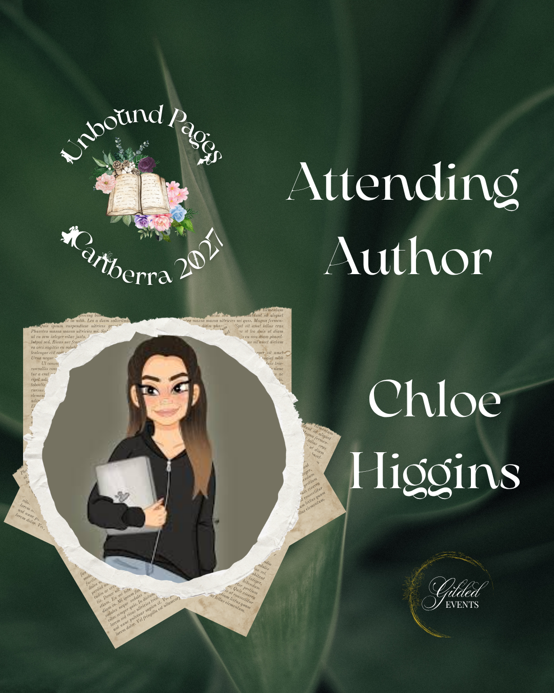 Digital graphic announcing attendance at Unbound Pages Canberra 2021, featuring a cartoon woman with dark hair, glasses, a black hoodie, and holding a laptop, set against a green leaf background with torn paper and floral elements.