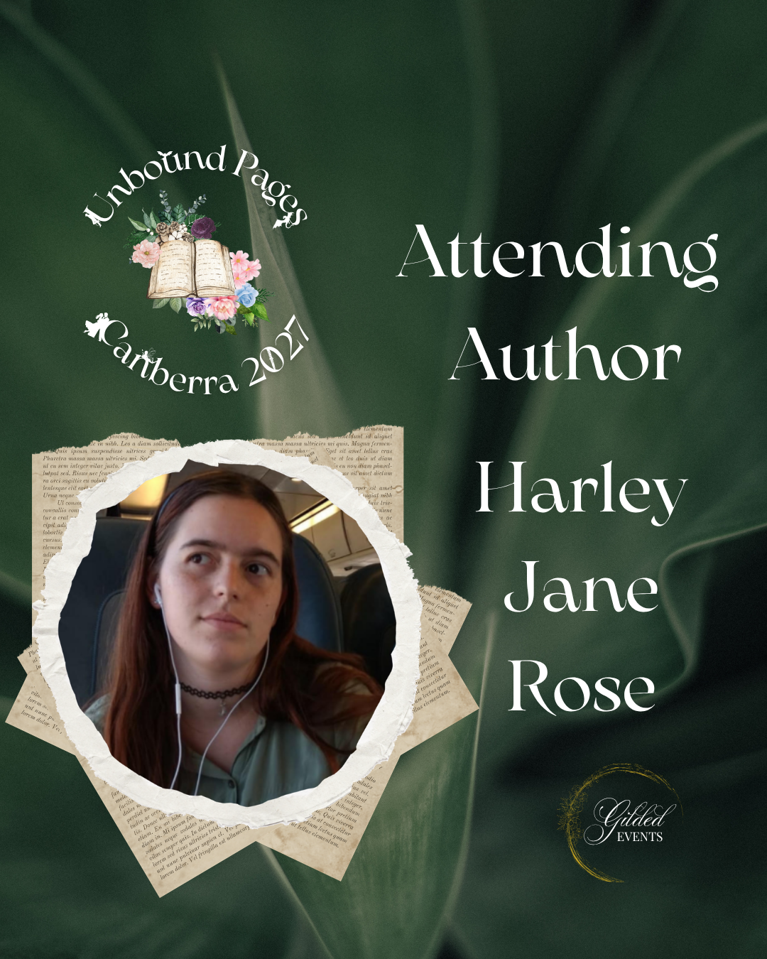 Event poster for attending author Harley Jane Rose at the Unbound Pages conference in Canberra 2023, featuring a woman with red hair, a green shirt, and earphones, with a decorative green background, torn paper elements, and floral and book illustrat