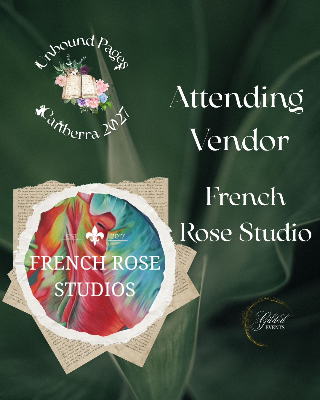 Flyer for French Rose Studio featuring a green background, colorful logo, and text about an upcoming event at Unbound Pages Canberra 2021, with smaller text and design elements.