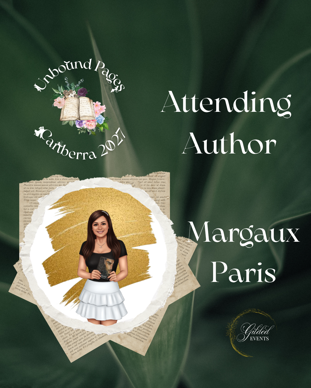 Event poster featuring a woman holding a bookstore gift card, the event titled "Attending Author Margaux Paris" at Unbound Pages Canberra 2021, with decorative floral and paper elements on a green leafy background.