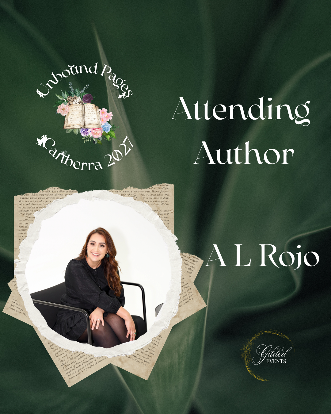 Promotional flyer featuring a woman with long brown hair, seated on a black chair against a white background. Green leafy background with torn paper accents, event details for attending author AL Rojo at Unbound Pages Canberra 2024, and a logo for Gu